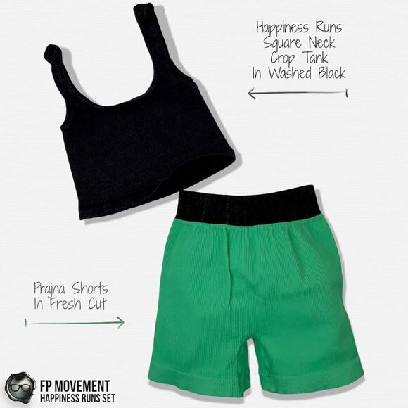 FP MOVEMENT HAPPINESS RUNS SET: PRAJNA SHORT + SQUARE NECK BRA IN GREEN & BLACK - Picture 1 of 15